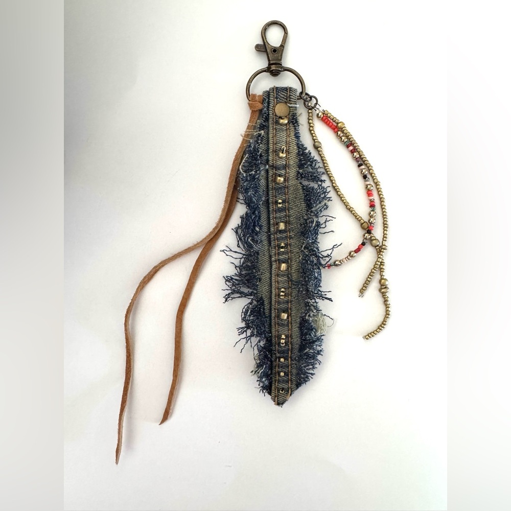 Boho Denim Feather Bag Charm with Leather & Beaded Fringe